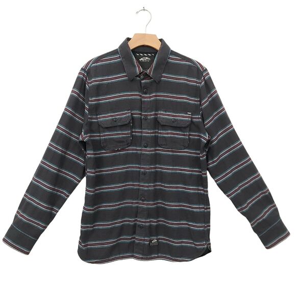 Vans Mens Flannel Shirt Medium Gray Striped Button Up Long Sleeve 100% Cotton - Picture 1 of 13